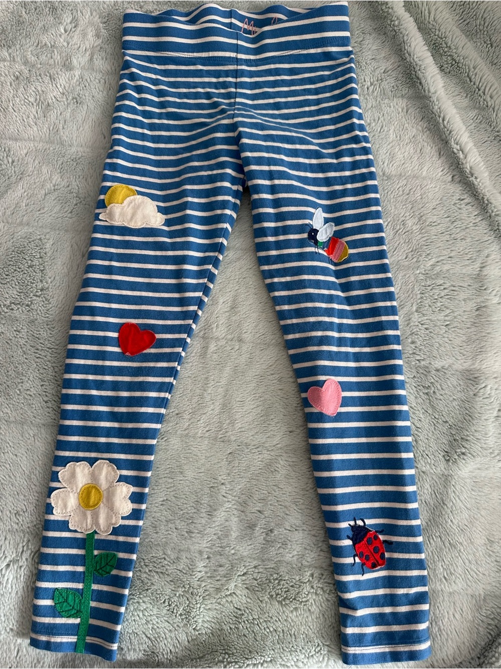 Mini Boden Blue & White Striped Leggings with Colorful Appliqués